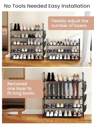 GreenWhim 5 Tier Shoe Rack, Shoe Storage Organiser with Side Storage Bag, Metal Storage Rack 83 x 28 x 88cm, Upright or Upside Down, Fits 20 to 25 Pairs, Stackable for Hallway (5 Tier) — view 6