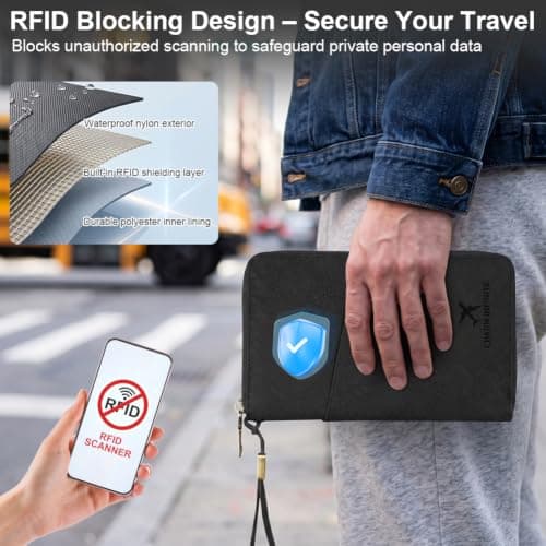 AOOSU Travel Wallet, Family Passport Holder, RFID Blocking Travel Accessories Document Organiser, Travels Document Holder for Tickets Waterproof Cover Holiday Essentials Case for Man & Woman Black — view 4