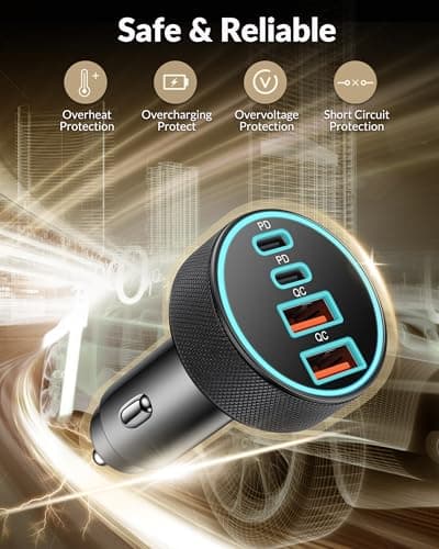 90W 4-Port USB C Car Charger & Cable for iPhone 17 16 15 Samsung S26/S25 — view 4