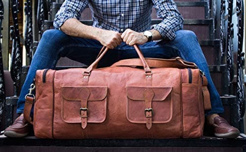 KPL Large 32 Inch Sports Bags for Men Leather Travel Bag Tote Weekend Sports Night Sports Bag, Brown, L — view 3