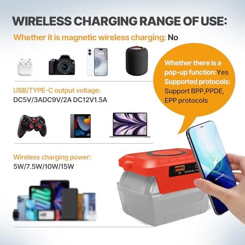 Wireless Phone Charger for Milwaukee 18V Battery,Battery Adapter with USB and Type-C Output, for Camping Travel,Outdoor Working (Wireless Charger for Milwaukee 18V) — view 5