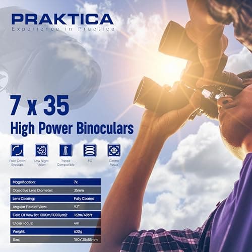 Praktica Falcon 7x35mm Porro Prism Field Black Binoculars - Compact, Fully Coated Lenses, Sturdy Construction, Aluminium Chassis, Sharp Clear Image, Bird Watching, Sailing, Hiking, Sightseeing — view 4