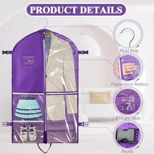 SPOKKI 2 Pcs 40 Inch Dance Costume Bag, Space-Saving Hanging Dress Bags with 5 Zippered Pockets, Waterproof & Foldable Travel Garment Bags with ID Slot - Ideal for Girl Dancers and Women (Purple) — view 3