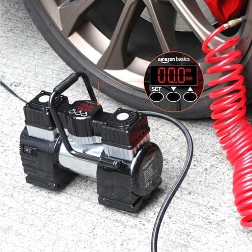 Amazon Basics Portable Digital Air Compressor, Heavy Duty Tyre Inflator with 12V DC Dual Cylinder, 120 PSI, 60L/Min, Auto Shut-Off, LED Light, 5M Hose, Battery Clamps, Carrying Case, Black/Red — view 3