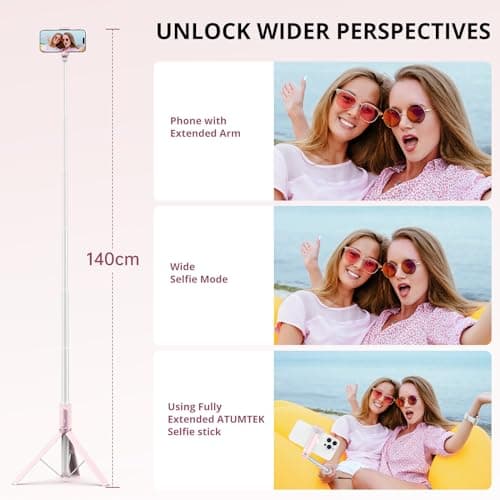ATUMTEK 1.4m Selfie Stick Tripod, All-in-one Extendable Aluminum Phone Tripod with Rechargeable Bluetooth Remote for iPhone, Samsung, Google, LG, Sony and More, Fitting 4.7-7 inch Smartphones, Pink — view 5