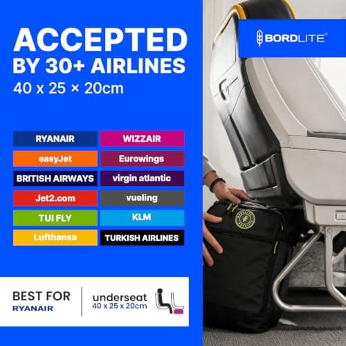 Bordlite Ryanair Cabin Bag 40x25x20cm Underseat Wheeled Travel Bag, Lightweight 20L Hand Luggage with Telescopic Handle, Smooth Wheels, Compression Straps, Side Pocket & Luggage Strap – Black/Black — view 2