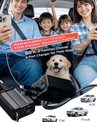 Retractable Car Charger, 4 in 1 Fast Car Charging USB c,Road Trip Essentials,Travel Essentials Gifts for Women Men, Car Accessories for iPhone 16 15 14 13 12, for Samsung, Black (C01) — view 5