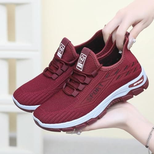 Unisex Walking Trainers Lace Up Knit Flat Soft Sole Breathable Sneakers Red — view 5