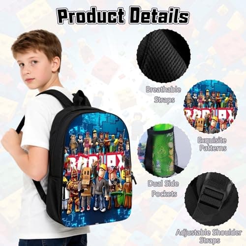 Roblx Backpack School Bag Boys Teen- Anime School Rucksack with Adjustable Shoulder Straps, 3d Printed Book Bags, Children's Schoolbag Waterproof Backpack for 3-12 Years Gamers Gifts Hiking Travel — view 3