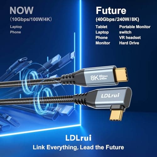 LDLrui USB4 Right Angle USB C Cable, 40Gbps 8K60Hz 240W, 0.6M Silver Gray — view 4