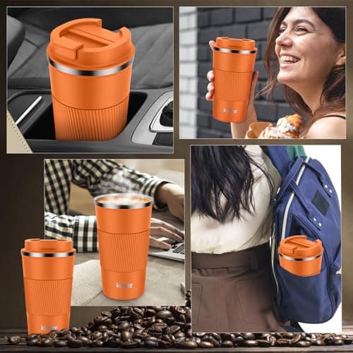 KETIEE Insulated Travel Coffee Mug With Leakproof Lid - Double Walled Stainless Steel Cup for Hot and Cold Drinks - 510ml, Orange Brown — view 5
