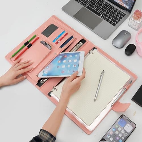 Wonderpool A4 PU Leather 4 Ring Holder Writing Portfolio Multi Document Case with Removable Binder Clipboard and Functional Pocket for Organizer Office Travel School (Pink) — view 3