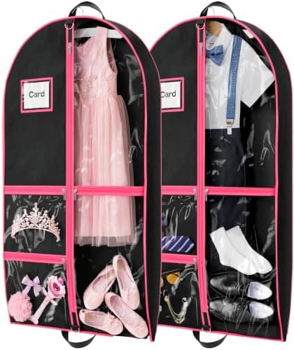 Costume Garment Bags for Dancers, Garment Bags with 3 Clear Zipper Pockets, Clothes Covers Protector Bags for Suits, Travel & Sports Jersey, Cheer Uniform, Cosplay (Pink, 2 Pack (40inches))