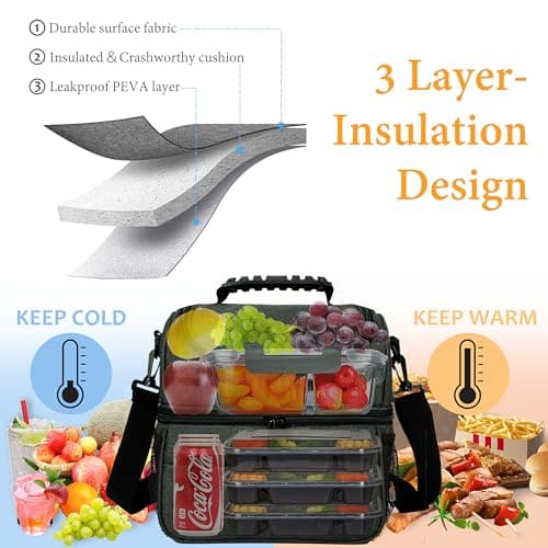 Kato Tirrinia Insulated Lunch Bag 13L(22 Cans), Large Compartment Cool Bag Thermal Tote Bags for Lunch Work School Camping Picnic, Foldable Cooler Bag for Meal Prep or Lunch Box Container, Charcoal — view 4