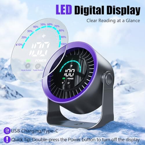 Luxepa Small Desk Fan, 100 Speed USB Rechargeable Battery Operated Quiet Portable Table Fan, Personal Desktop Cooling Fan with LED Display, 360° Tilt Tabletop Fan for Bedroom Office Travel (Purple) — view 2