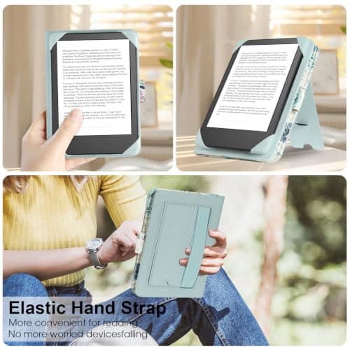 HoYiXi Universal Case For 6 inch eReader,Compatible with Kindle/Kobo Clara HD/Kobo Clara 2E/Paperwhite/PocketBook/Tolino eReader,with HandStrap/Kickstand, Cover Case for 6'' eReaders,Blue Rose — view 6