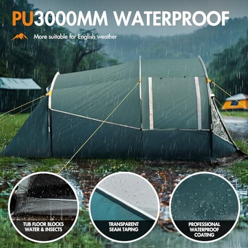 Portal 2-3 Man Tent Luxury 3000mm Waterproof with Porch Awning 3 Person Camping Tent with Sewn-in Groundsheet 2 Man with Bedroom Lightweight Tunnel for Festival Outdoor Hiking — view 4