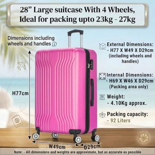 DK Luggage 28 Inch Large Hard Shell Suitcase 4 Wheel Spinner Checked Luggage, 23kg – 27kg Capacity ABS25 (Pink, 28" Large) — view 2