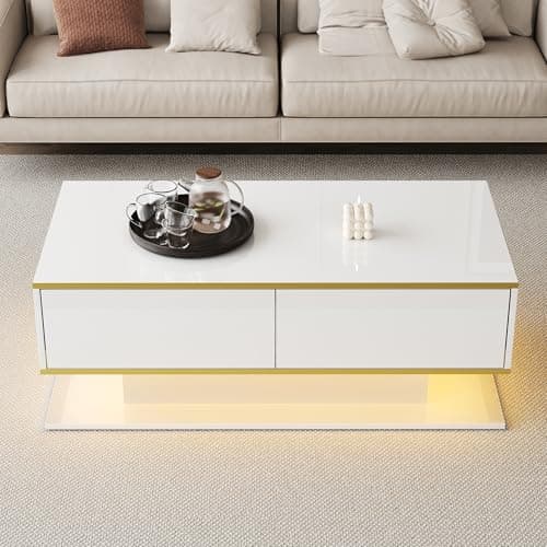BTM Modern LED Coffee Table with High-Gloss Finish, 100 cm Length, Gold Accents, 3 Drawers & USB LED Light Strip (Adapter/Power Bank Required), White — view 3
