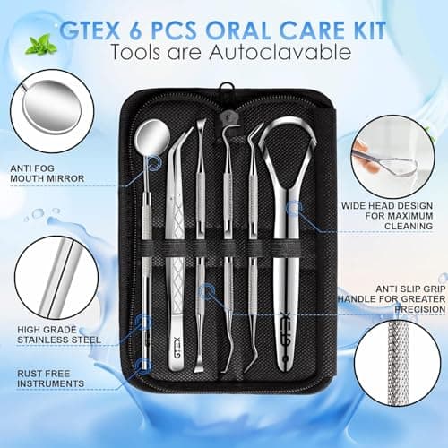 GTEX Plaque Remover for Teeth - 6Pcs Dental Care Kit for Teeth Cleaning - Plaque Removal Tartar Remover Stainless Steel Tongue Scraper Tool for Home Use — view 2