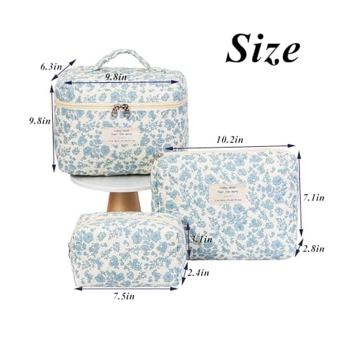 MerwDeeyt 3 Pcs Cotton Makeup Bags Blue Large Capacity Toiletries — view 2