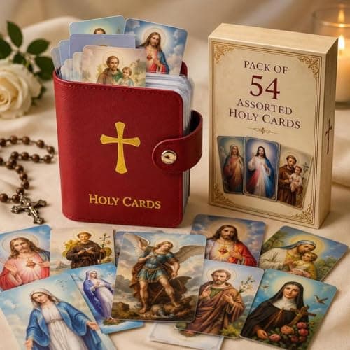 Catholic Faux Leather Holy Card Holder, Pocket Prayer Card with 54 Holy Cards,PU Portable Organizer with Snap Closure for Sacred Heart,Portable Storage Booklet for Cards Medals Tokens Gifts(Red) — view 2