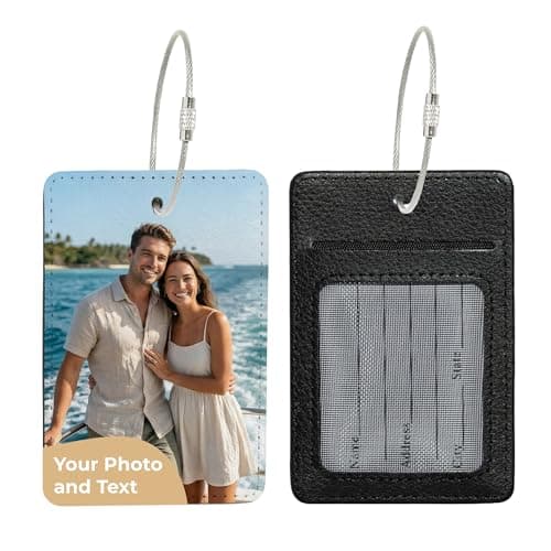 Cimpress Personalised Suitcase Tags, Custom Luggage Tag with Photo or Name, Address Card Included, Polyester 7 x 10 cm, White, for Family Holidays, Airport Travel, Cabin Luggage and Weekend Breaks