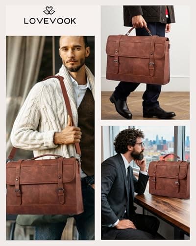LOVEVOOK Messenger Bag Laptop Bag, 17.3 Inch Leather Vintage Briefcase for Men, Classic Shoulder Satchel Bag with Buckle Closure for Work Office Business College — view 5