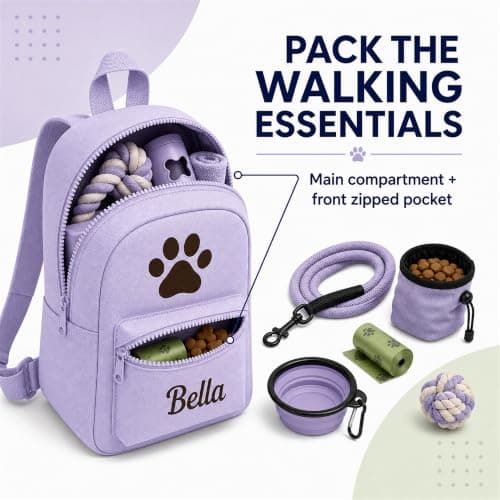 Hoolaroo Personalised Dog Bag Dog Walking Rucksack Doggy Daycare Backpack 35x23cm – Custom Name Pet Travel Organiser for Walks, Daycare, Hikes – Lightweight, Durable & Water-Resistant, Lilac — view 4