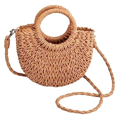 Wisebom Straw Beach Bag for Women, Handwoven Tote Bag Straw Crossbody Bag Hand Weave Shoulder Bag, Rattan Handbag Hollow Boho Style Clutch Purse for Beach Travel Daily Use