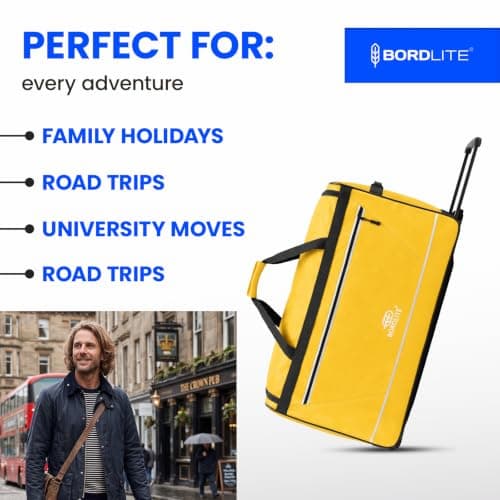 Bordlite 87L Large Travel Bag on Wheels – 27 Inch Water-Resistant Tarp Holdall with 3 Smooth Wheels, Pull Handle & Quick-Access Pocket – Holiday and Storage Luggage, 69x38x33cm, Yellow — view 5