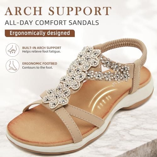 ZDQ Sandals for Women Summer Ladies Bohemian Flat Sandals with Rhinestone Comfortable Arch Support Slip On Holiday Sandals Beige 6.5 — view 3