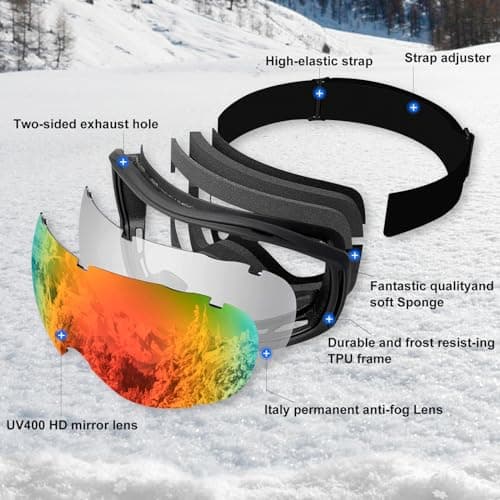 SPOSUNE OTG Ski Goggles Men Women, Over Glasses Anti Fog Snowboard Goggles, UV Protection Snow Goggles for Adult & Youth | for Universal Face — view 3