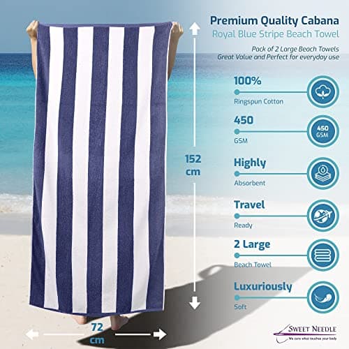 SweetNeedle Beach Towels for Adults Pack of 2 - Royal Blue-White Cabana Striped Classic - 100% Cotton Terry Ringspun Pool Towel, Quick Dry, Super Absorbent Swimming large towel, 76x152 cm — view 2