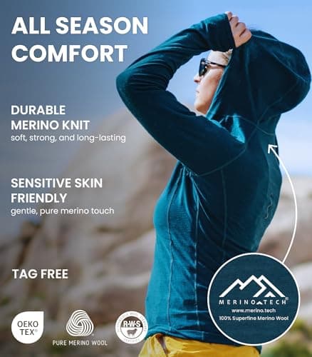 Merino Wool Base Layer Women - Merino Wool Hoodie Half Zip Ligtweight Long Sleeve Shirt (Medium, 190 Deep Teal) — view 4