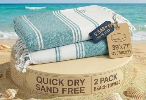 LANE LINEN Turkish Beach Towels, 2 Pack Extra Large Beach Towel, Pre-Washed for Soft Feel, Cotton Rich Oversized Sand Free Quick-Dry Pool Towel, Beach Towels For Adults, 39"x71" - Baltic