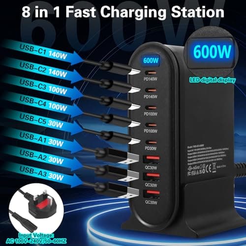 USB C Charger 600W 8 Port GaN III Fast Charging Station with 140W USB C Output, 1.5m Cable, Multi Charger Hub for Laptop, MacBook, iPhone, iPad, Samsung, Android, Home Office Travel — view 4