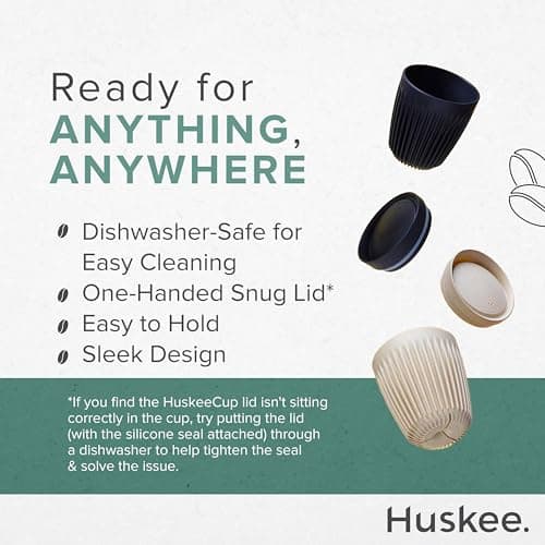 HUSKEE Coffee Cups with Lids - Reusable Coffee Cup with Unique Fins for Espresso, Cappuccino, Americano, Mocha - Insulated & Portable Latte Cups Made with Repurposed Coffee Husks (Charcoal, 12oz) — view 3