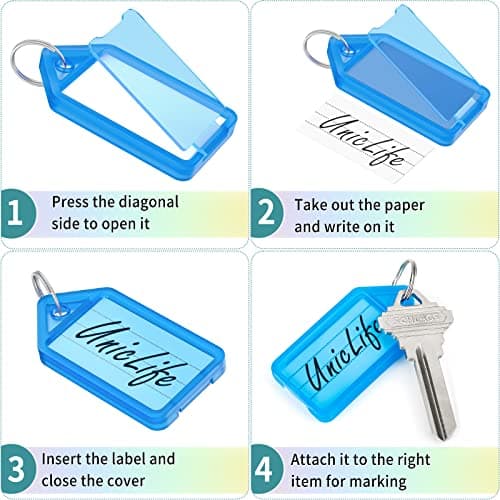 Uniclife 20 Pieces Key Tags 5 cm Plastic Key Chain Tags with Ruled Blank Paper Labels Transparent Covers and Split Rings Sturdy Item Identifiers, 5 Colors — view 6