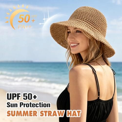 AYPOW Womens Sun Straw Hat Foldable Bucket Hats Summer UV Protection Beach Hat Comfortable Ladies Breathable Sun Visor for Outdoor Travel Camping Khaki — view 3