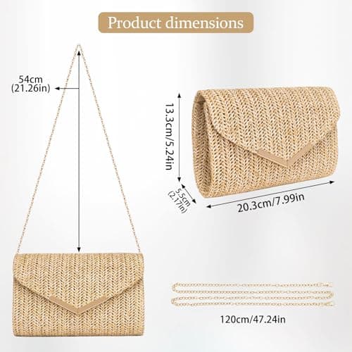 Larcenciel Boho Women's Clutches, Woven Straw Clutch Bag w/Detachable Chain, Summer Envelope Straw Beach Bag, Hand-Woven Evening Handbag for Wedding, Dinner, Prom, 20×13×5CM — view 5