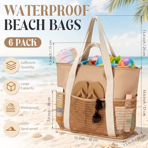 Aliceset 6 Pack Waterproof Beach Bags Bulk Sandproof Travel Tote Bag for Women with 6 Mesh Pockets Large Capacity Organizer for Travel Swim Vacation — view 3