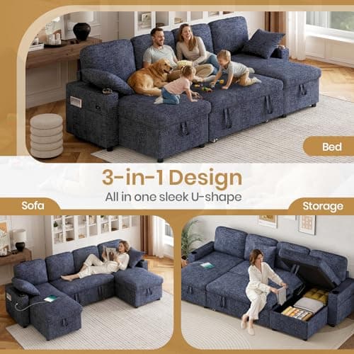 Corner Sofa Bed, Convertible U-Shaped Sofa with Double Storage Chaise, USB & Type-C Ports, 4 Seater Pull Out Sofa Couch Bed with 2 Cup Holders and 2 Pillows for Living Room, Chenille Blue — view 3