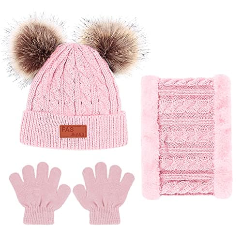 Kids Winter Beanie Hat Scarf Gloves Set 3 in1, 3Pcs Knit Warm Toddler Winter Cap Gloves Neck Warmer for Boys Girls 1-6 Year, Winter Accessories Sets for Children Outdoor Sports (Pink) — view 2