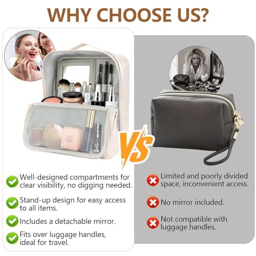 Travel Makeup Bag, CS COSDDI Make Up Bags for Women Large Capacity Cosmetic Bags Waterproof Toiletry Bag with Luggage Compartment Tie and Detachable Mirror, Leather Portable Standing Makeup Bag — view 5