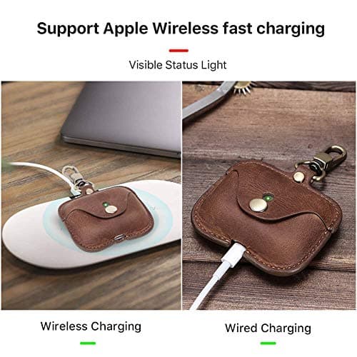 Handmade Genuine Top Grain Leather Case Compatible with AirPods Pro 2, Vintage Leather Earbuds Protective Cover with Keychain Hook, Support Wireless Charging, Brown — view 4