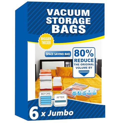 Vacuum Storage Bags - 6 Pack Jumbo (80X100cm) Space Saver Sealer Compression Bags, Reusable Vacuum Bags for Storage Clothes, Duvets, Bedding, Quilts, Pillows, Blankets, Travel