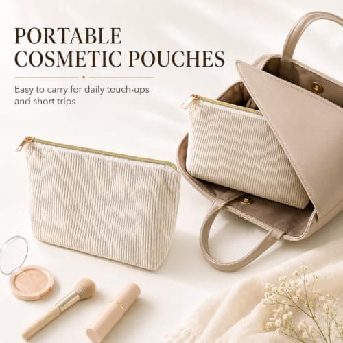 2 Pack Beige Corduroy Makeup Bags - 22x12x7cm Small Cosmetic Pouch Set with Metal Zip for Handbag Travel Toiletries Daily Storage — view 2