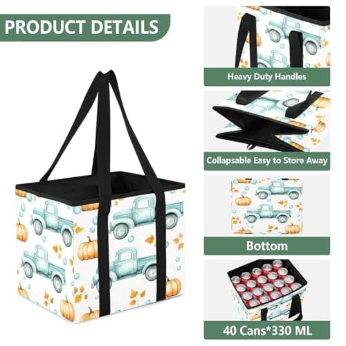 Quteprint Car Trunk Organizer, Turquoise Vintage Trucks Pattern 600D Oxford Foldable Storage Bag with Handles, 13.0x10.8x10.2in, Portable Collapsible Container for Groceries, Kitchen, Picnic & Travel — view 3