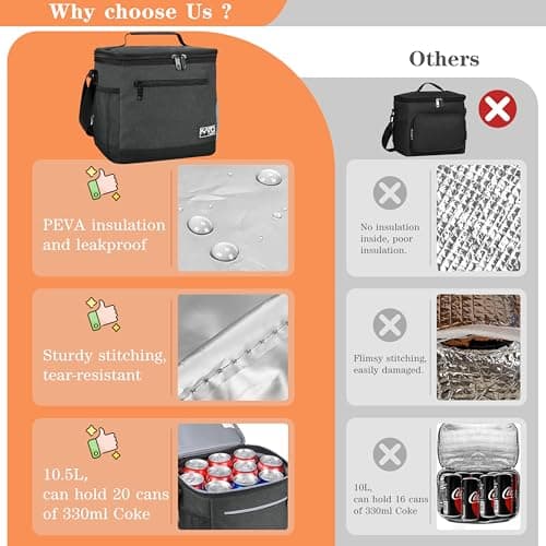 Kato Tirrinia Insulated Lunch Bag 10.5L(20 Cans), Large Cool Bag Thermal Tote Bags for Lunch Work School Camping Picnic, Foldable Cooler Bag for Food or Lunch Box Container,Charcoal — view 3